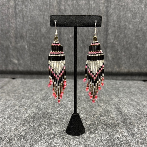 Black and Pink Chandelier Earrings with Beaded Fringe - Picture 1 of 3